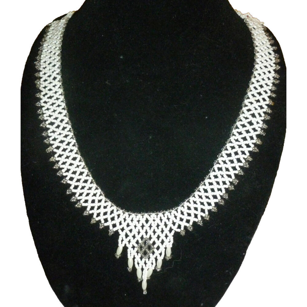 Vintage White Seed Bead Lattice Bib Necklace Silver Accents Pearl Dangles Tie On